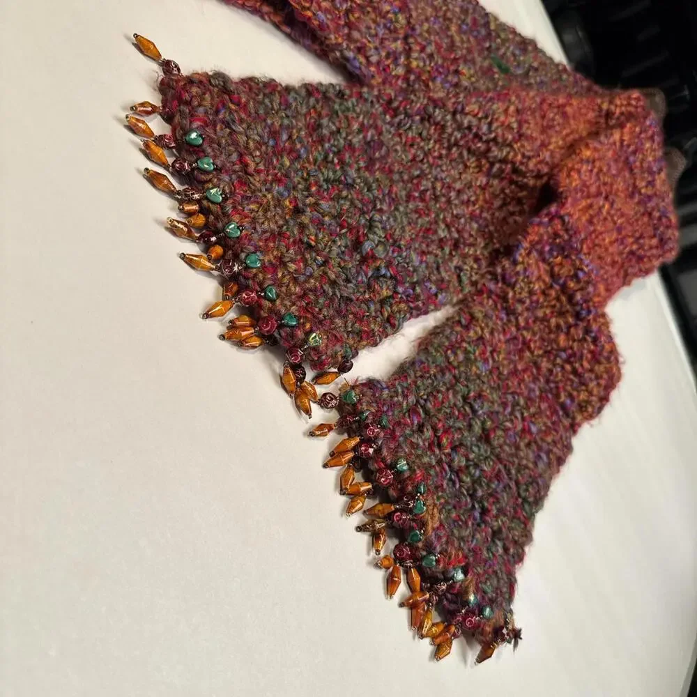 Vintage Boho Hand-Beaded Crochet‎ Scarf in Sunset Tones